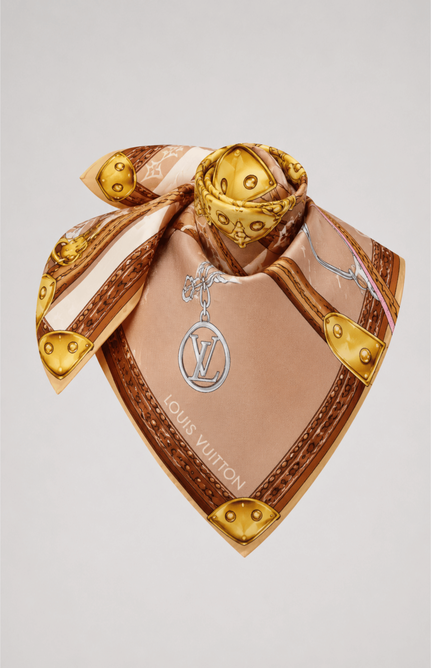 LV Strap Trunk Square 90 Beige styled scarf with trunk-inspired motifs and gold-tone details