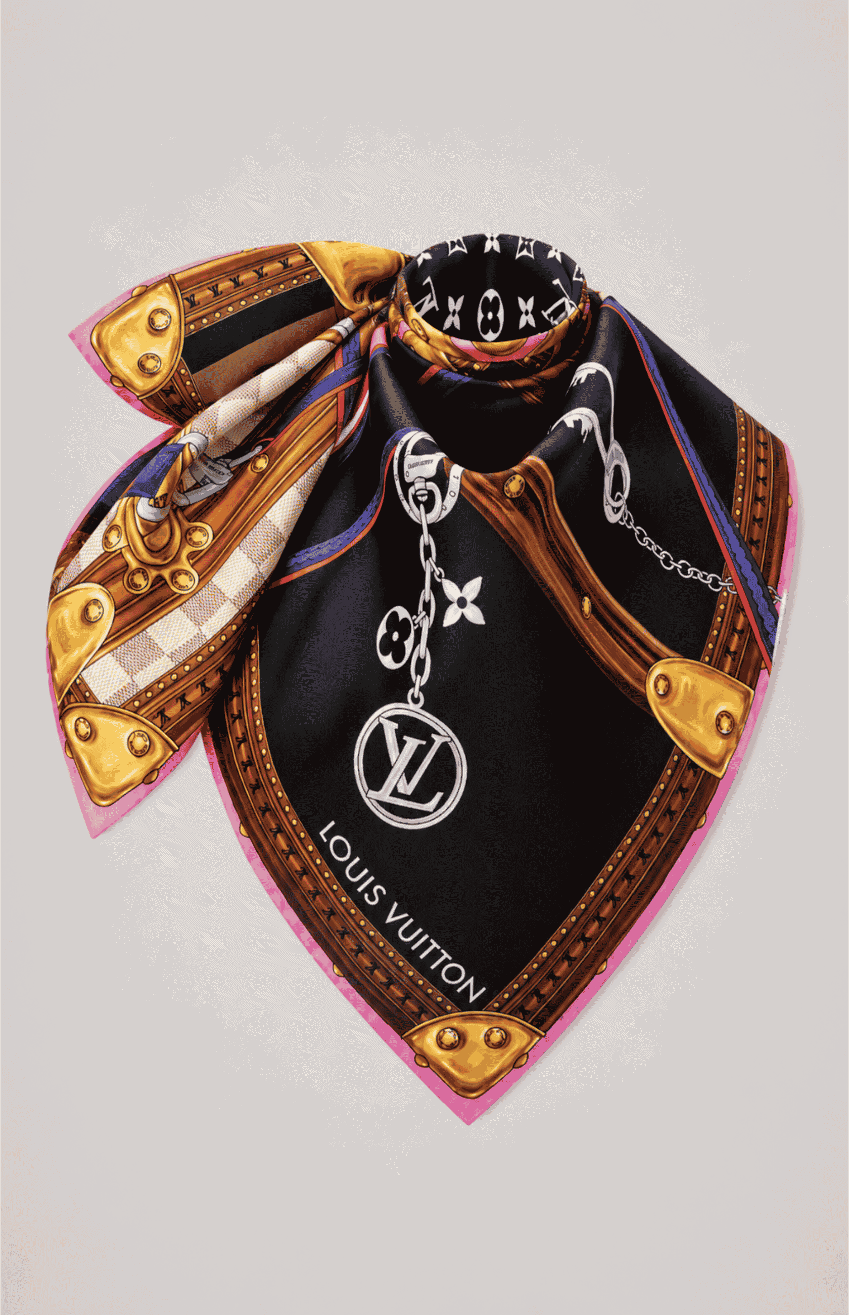 LV Strap And Trunk Square 90 – Black draped view with LV logo and gold trunk details