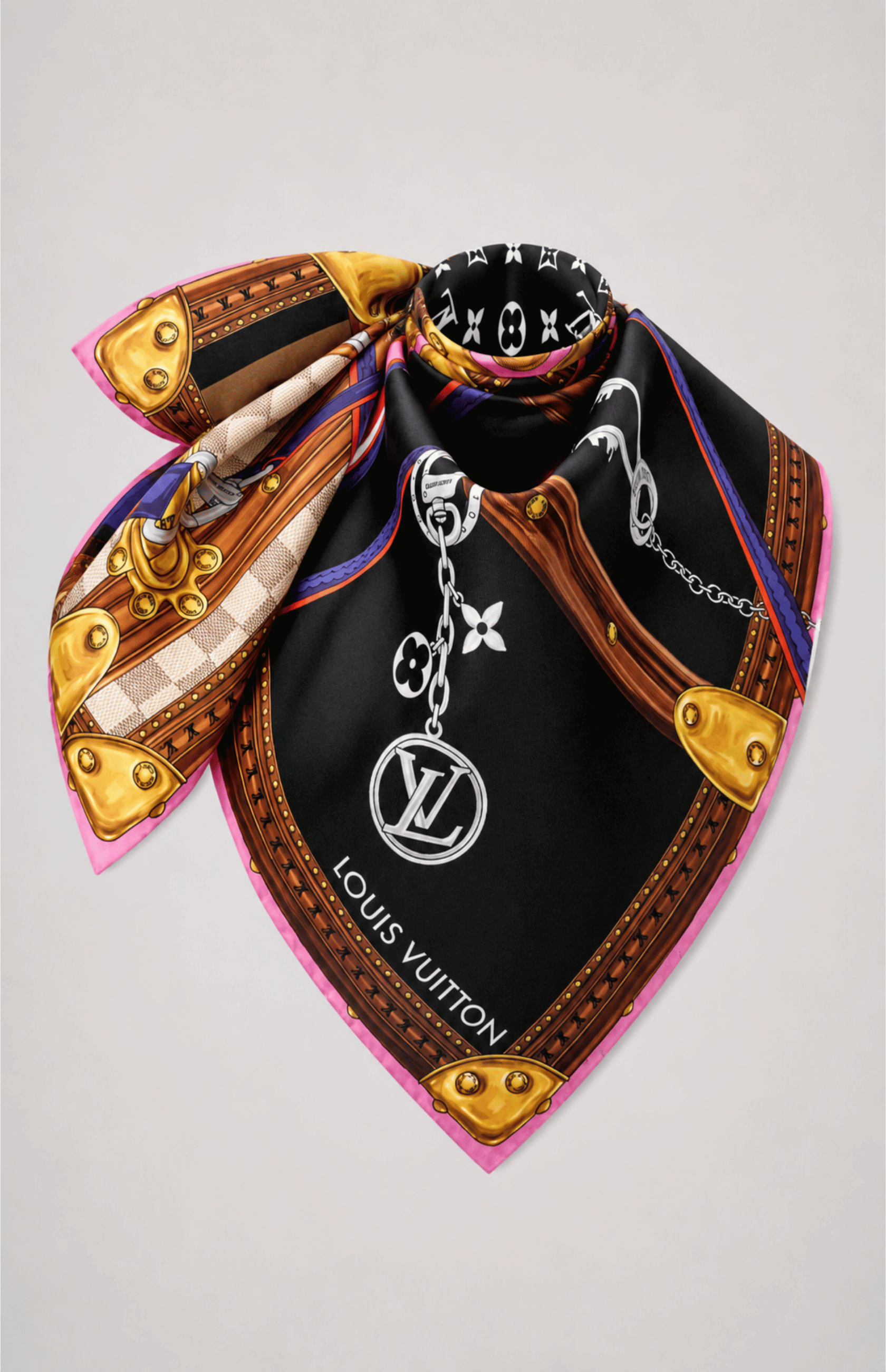LV Strap And Trunk Square 90 – Black draped view with LV logo and gold trunk details