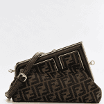 Fendi First Midi Brown FF Jacquard Fabric Bag front view with black leather trim and gold hardware