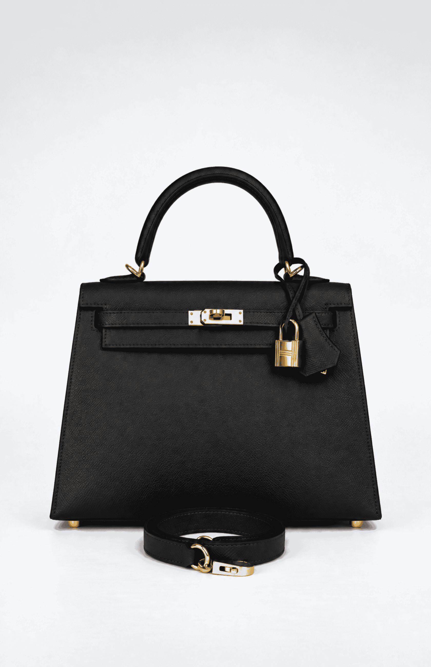 Hermès Black Kelly 25 handbag with gold-tone charm chain and top handle