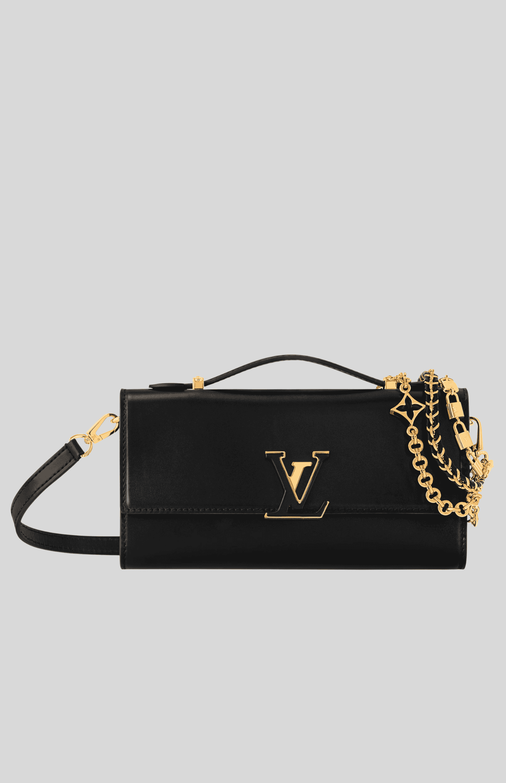 Louis Vuitton Capucines Wallet On Chain Black front view with gold-tone hardware and decorative chains