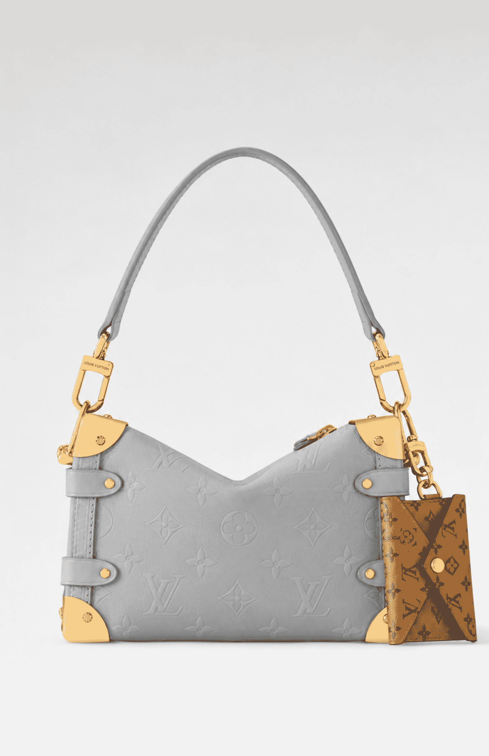 Louis Vuitton Side Trunk MM Cloud Gray calfskin handbag front view with gold-toned hardware and Monogram invitation charm